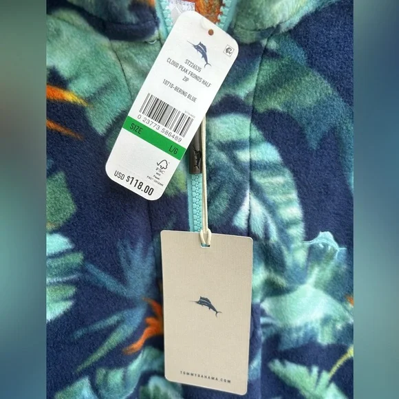 NWT Tommy Bahama Cloud Peak Frounds Bering Blue Half Zip Tropical L Pullover A-4